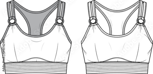 Technical fashion flat sketch of a white racerback sports bra featuring double shoulder straps, ring connectors, bust darts, and wide elasticated underband.