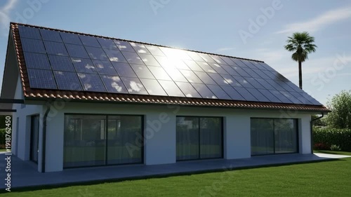 Modern House with Solar Panels on Roof Under Sunny Sky.