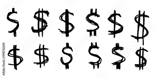 Dollar sign hand drawing icon set vector for financial blogs and banking apps. Ideal for symbolizing wealth, investment strategies, and personal money management concepts in a casual style.