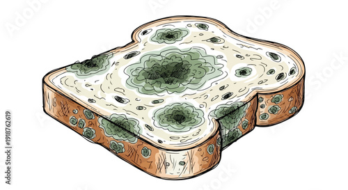 Illustration of a slice of bread with green mold on it, shown against a clean white background with a focus on food spoilage.