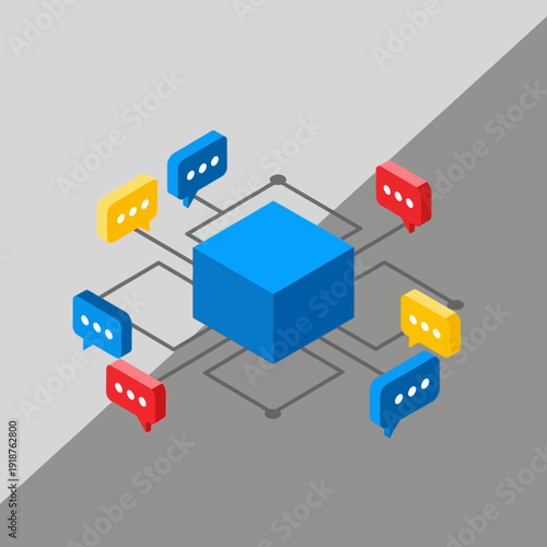 3D rendered illustration of a blue cube connected to speech bubbles.