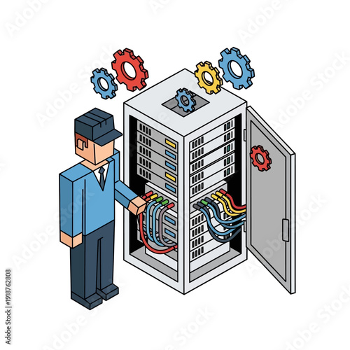 Technician working on server cabinet with colorful cables and gears.