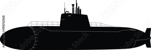 Submarine silhouette vector illustration, military naval underwater vessel side view, modern navy defense transport icon isolated black design on white background