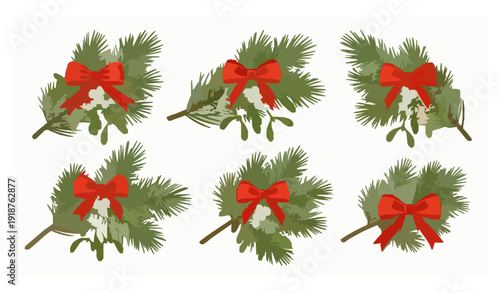 Pine and fir branches with ribbon and mistletoe vector set isolated on white background