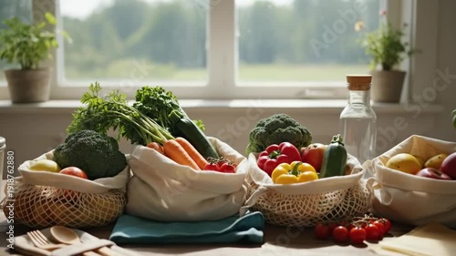 Fresh Produce Variety in Reusable Bags on Kitchen Countertop.