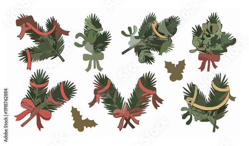 Flat pine and fir branch Christmas decoration vector set with ribbon and mistletoe isolated on white background