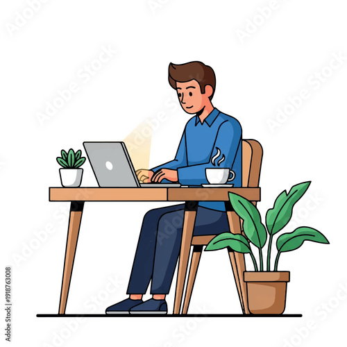Illustration of a man sitting at a desk working on a laptop with plants and a cup of coffee in a simple setting.