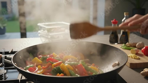 Person cooking healthy vegetables in a wok with wooden spoons.