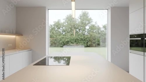 Modern minimalist kitchen with large window overlooking green trees and garden.