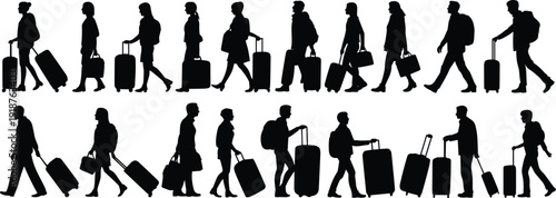 Travelers with luggage silhouette set, men and women walking with suitcases, airport travel concept, black vector illustration isolated