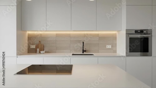 Modern minimalist kitchen interior with clean white cabinets and integrated appliances.
