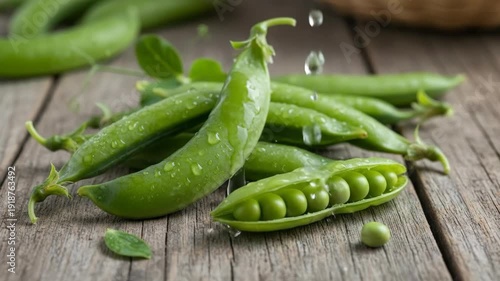 Fresh Green Peas in Pods on Rustic Wooden Table.