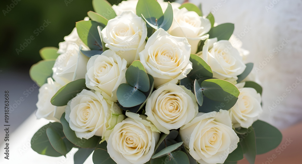 Obraz premium White Rose Bridal Bouquet with Eucalyptus Greens Classic White Rose Bouquet in a Circular Form Eucalyptus-Accented White Rosy Bouquet Timeless Wedding Bouquet: White Roses, Green Leaves Elegant White 