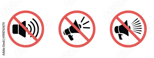 Prohibition Signs for Loud Noise, vector illustrations featuring megaphone and speaker symbols