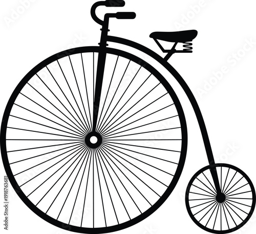 Vintage penny farthing bicycle silhouette, classic high wheel bike isolated on white background, retro transport vector illustration design