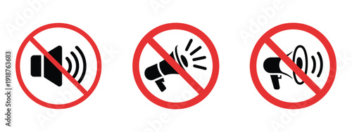 Prohibition Signs for Loud Noise, vector illustrations featuring megaphone and speaker symbols