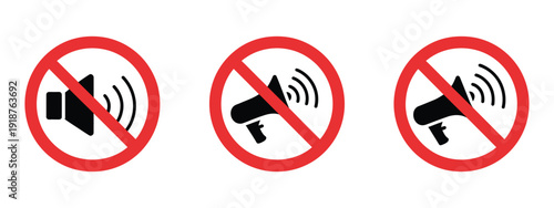 Prohibition Signs for Loud Noise, vector illustrations featuring megaphone and speaker symbols