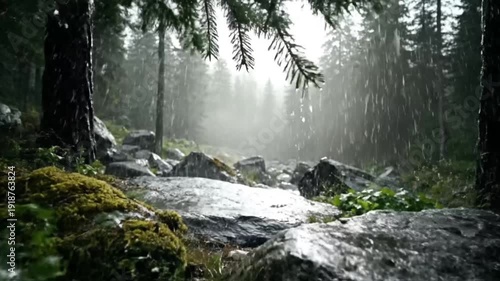 A tranquil forest path glistens under a gentle rain, leading through wet, moss-covered rocks and towering evergreen trees into a soft, ethereal mist. Serene woodland atmosphere