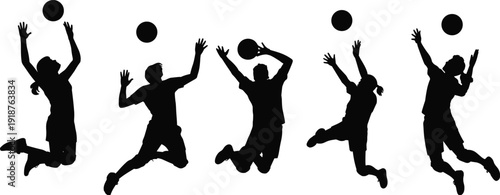 Volleyball players silhouette set, men and women jumping and spiking ball, beach sport action, black vector illustration isolated