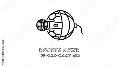 Black Outline Art of a Microphone Merged with a Sports Ball, Sports News Broadcasting Concept