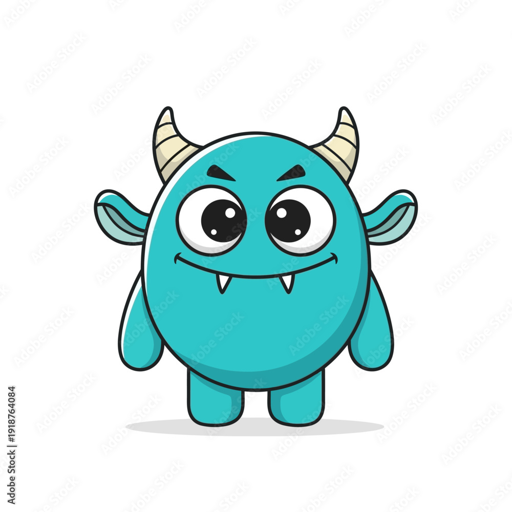 Fototapeta premium Cute blue monster with horns and big eyes, cartoon character, funny creature, isolated on white