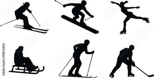 Winter sports silhouette set featuring skiing, snowboarding, ice skating, sledding and hockey players, active athletes collection isolated on white background vector