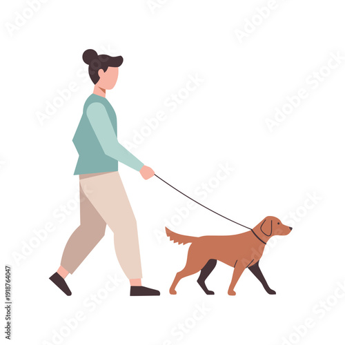 Woman walking a golden retriever dog on a leash outdoors, healthy lifestyle, companionship