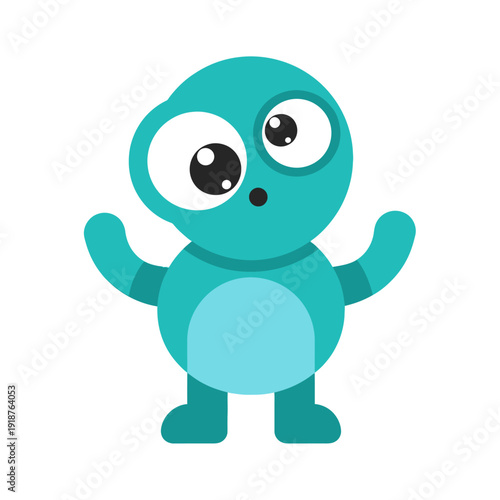 Cute blue cartoon monster with big eyes, arms raised, isolated on white background