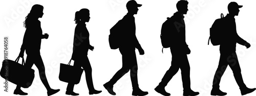 Walking people silhouette set with bags and backpacks, men and women in casual motion, urban lifestyle collection, isolated black vector illustration