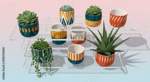 Collection of succulents and aloe plants in colorful ceramic pots on glass shelves with pastel background