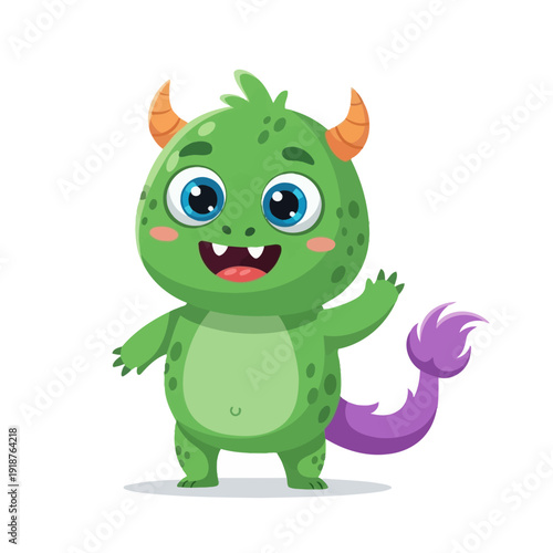 Cute green monster waving hello, cartoon character, friendly, playful, isolated on white background