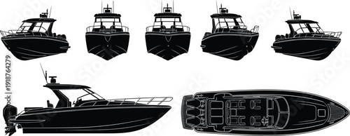 Motorboat silhouette views, cabin boat vector illustration, marine vessel artwork, nautical design perspectives, watercraft structure outline, boating concept scene, flavector