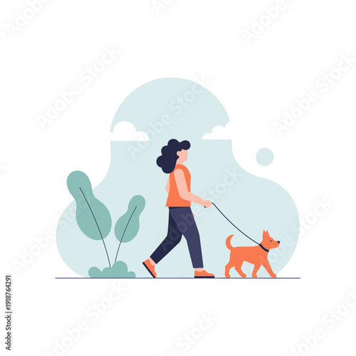 Woman walking dog on leash in park, enjoying outdoor leisure time