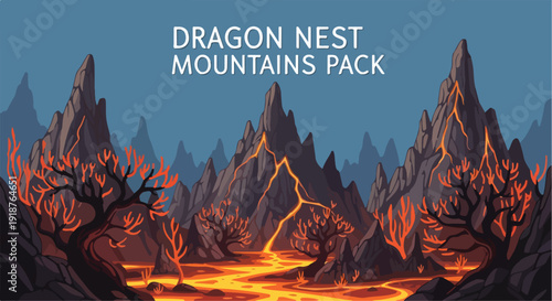 Fantasy Volcanic Mountain Landscape Illustration with Lava and Glowing Trees, "DRAGON NEST MOUNTAINS PACK" Text