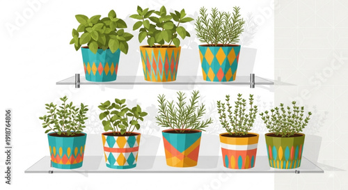 Vibrant potted plants on metal shelves colorful home decor with herbs and foliage indoor gardening concept