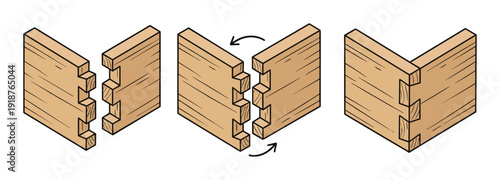 Dovetail joint assembly stages. Wooden furniture construction. Woodworking process diagram
