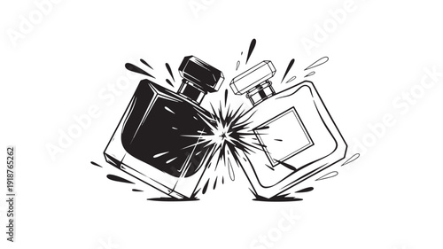Perfume bottles collision illustration with two fragrance flacons crashing together, splash burst impact, black and white vector style, isolated on white background