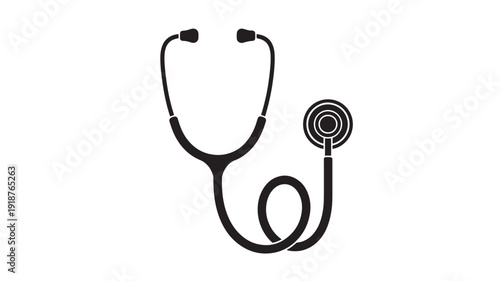 Stethoscope medical icon with black silhouette design isolated on white background, simple healthcare equipment symbol for clinic, doctor, diagnosis, and patient care
