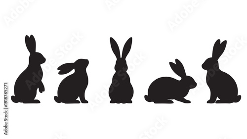 Rabbits silhouette set with five bunny poses in black isolated on white background, minimal flat animal shapes for logo, icon, stencil, and Easter design