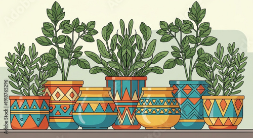 Vibrant colorful potted plants on a shelf indoor setting with green leaves and decorative pots