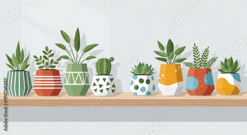 Variety of colorful potted plants and succulents on a wooden shelf against a white wall indoor gardening and home decor concept