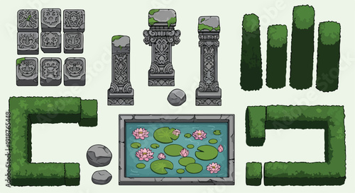 Pixel Art Game Assets Collection: Stone Pillars, Hedges, Pond with Lily Pads, and Rocks