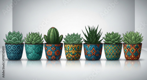 Vibrant succulents and cacti in colorful ceramic pots on white background for home decor inspiration