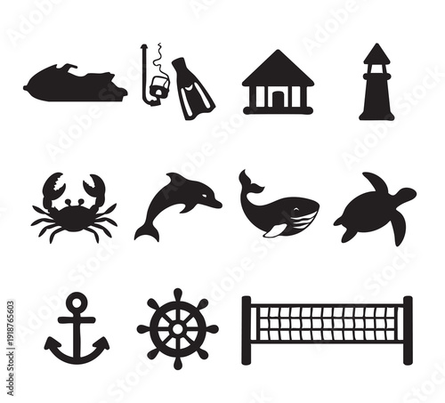 Marine Life and Water Sports Equipment Icons