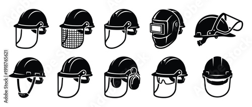 Collection of safety helmets with face shields and protective gear for construction and industrial work