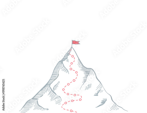 Mountain Peak with Climbing Route and Red Flag, vector illustration symbolizing achievement