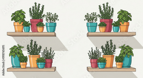 Colorful potted plants on wooden shelves against a white background indoor gardening and home decor concept