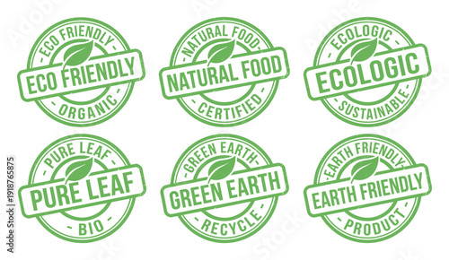 Green eco friendly natural food and ecological stamp collection, sustainable planet concept