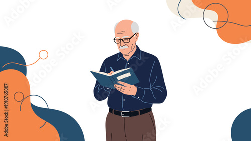 Wise elderly man with glasses focused on writing in his notebook against a colorful abstract decorative background with geometric lines.