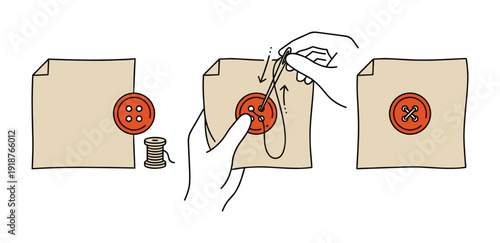 Illustration showing steps of sewing red button onto beige fabric